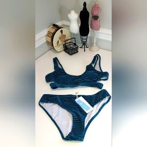 Cupshe Swim Crushed Velvet Dark Teal Ribbed Cut Out Swimsuit 2 Piece NWT